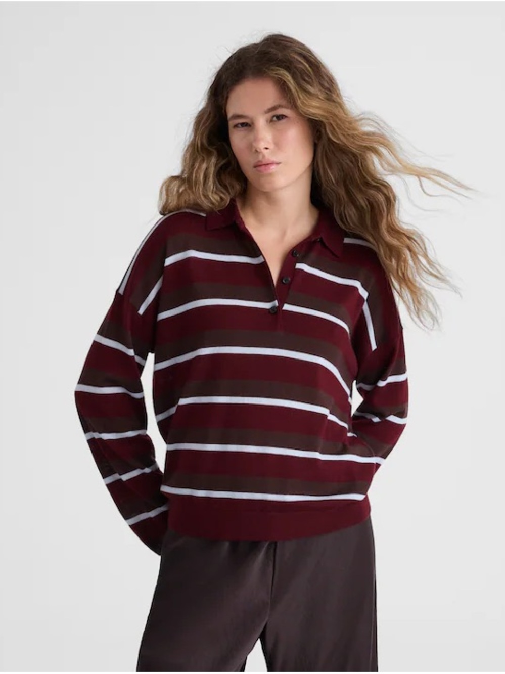 Madewell Burgundy, White and Brown Striped Polo Sweater Medium M